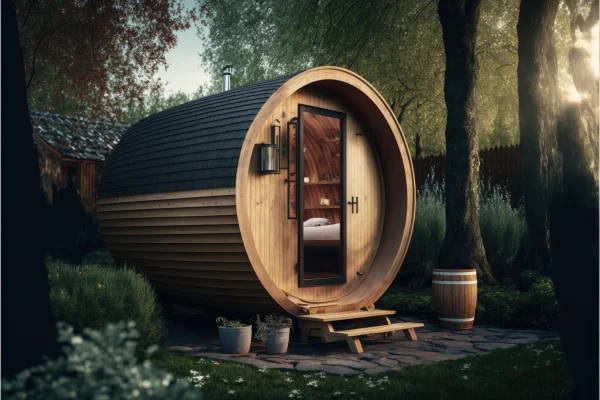 round-barrel-sauna-with-dark-coating-stands-green-garden